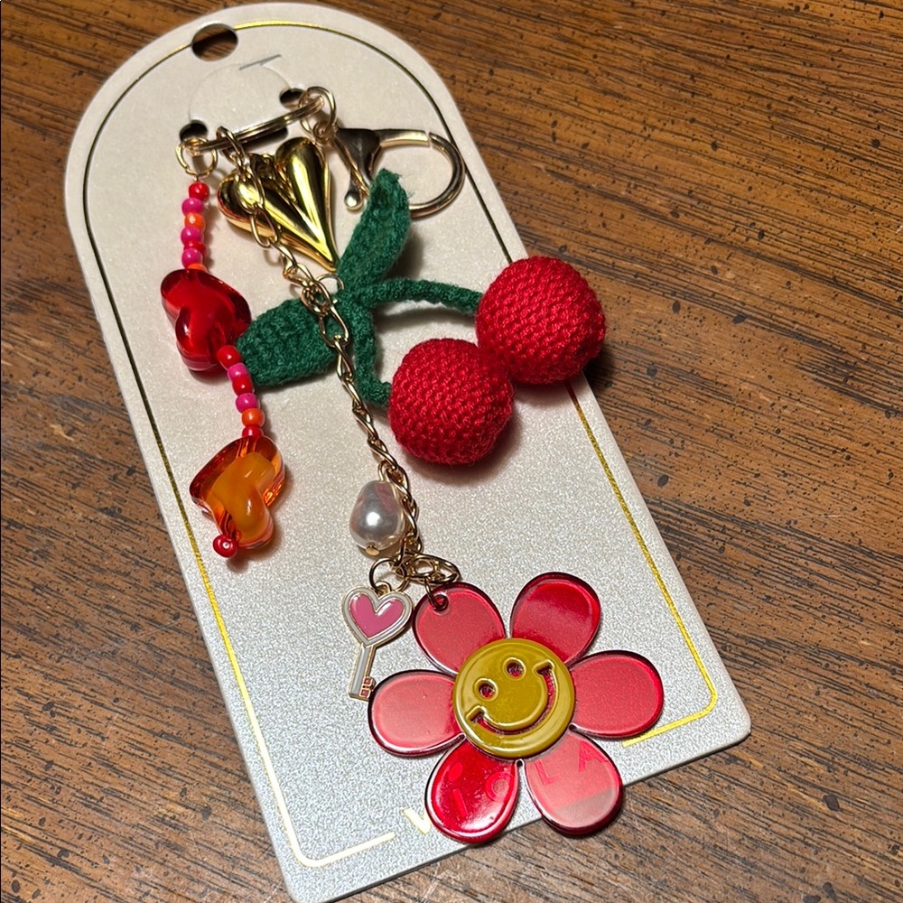 Cherry and Flower Bag Charm Keychain with Red and Pink Accents - Picture 3 of 8